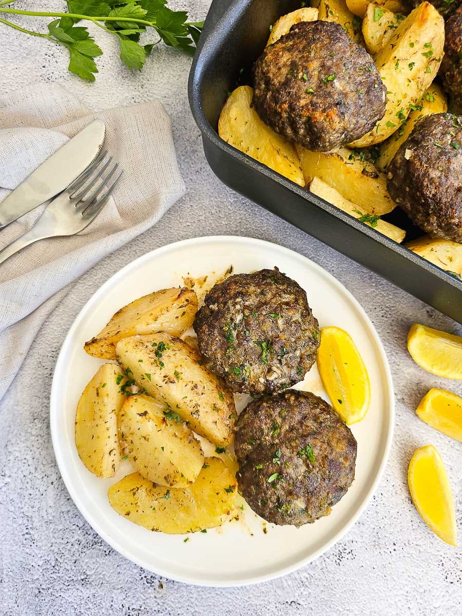 Biftekia Beef Patties with Roasted Lemon Potatoes