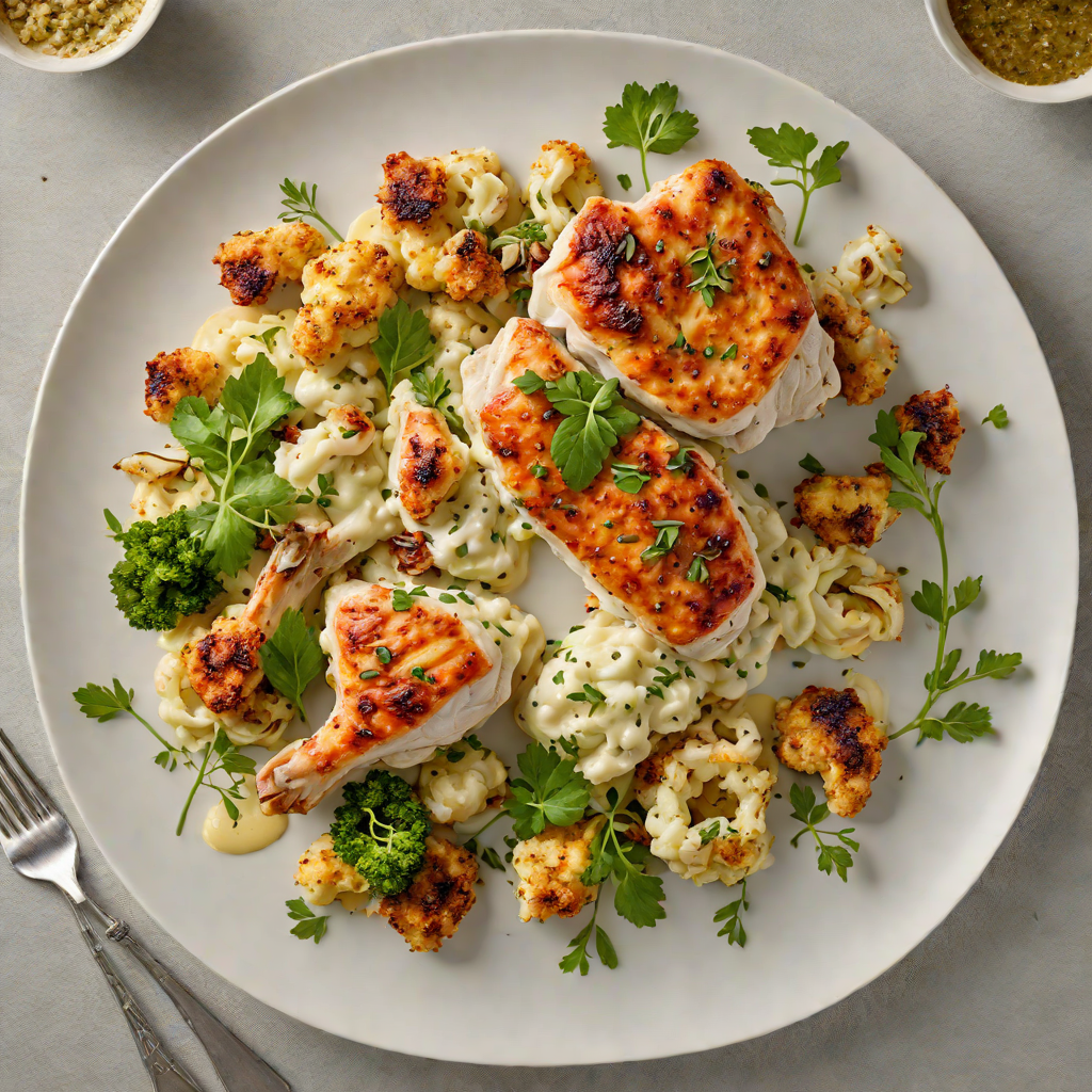 Pan-Seared Chicken with Roasted Cauliflower and Garlic Herb Sauce