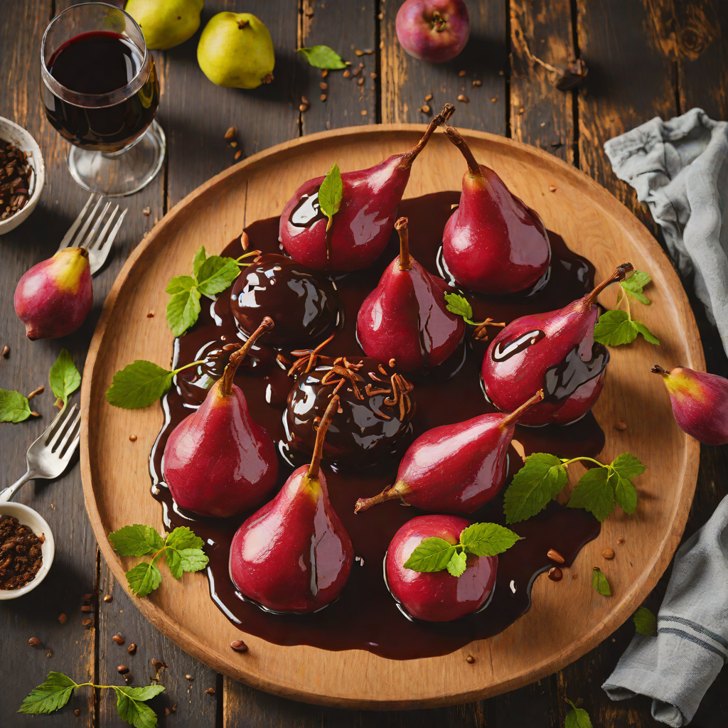 Organic Red Wine Poached Pears with Spiced Chocolate Sauce