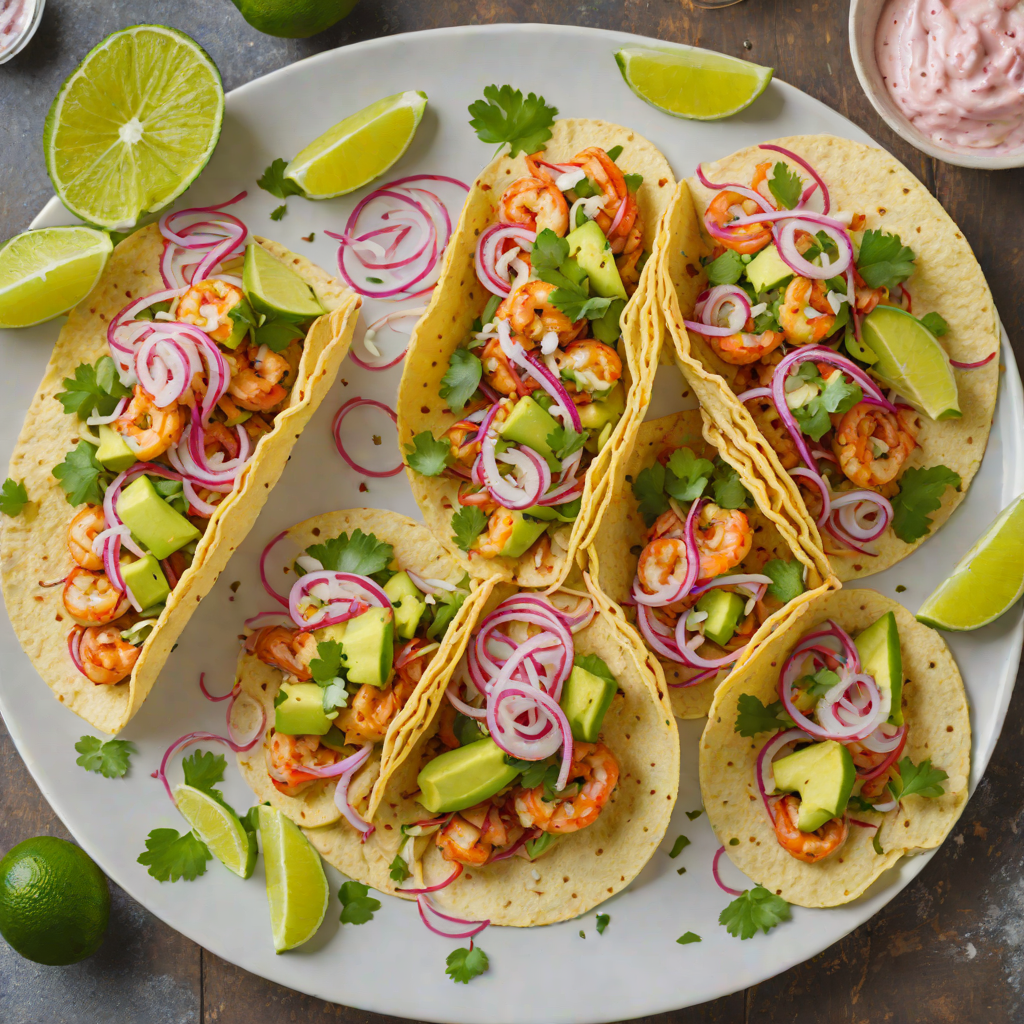 Tex-Mex Shrimp Tacos with Avocado Crema and Pickled Red Onion