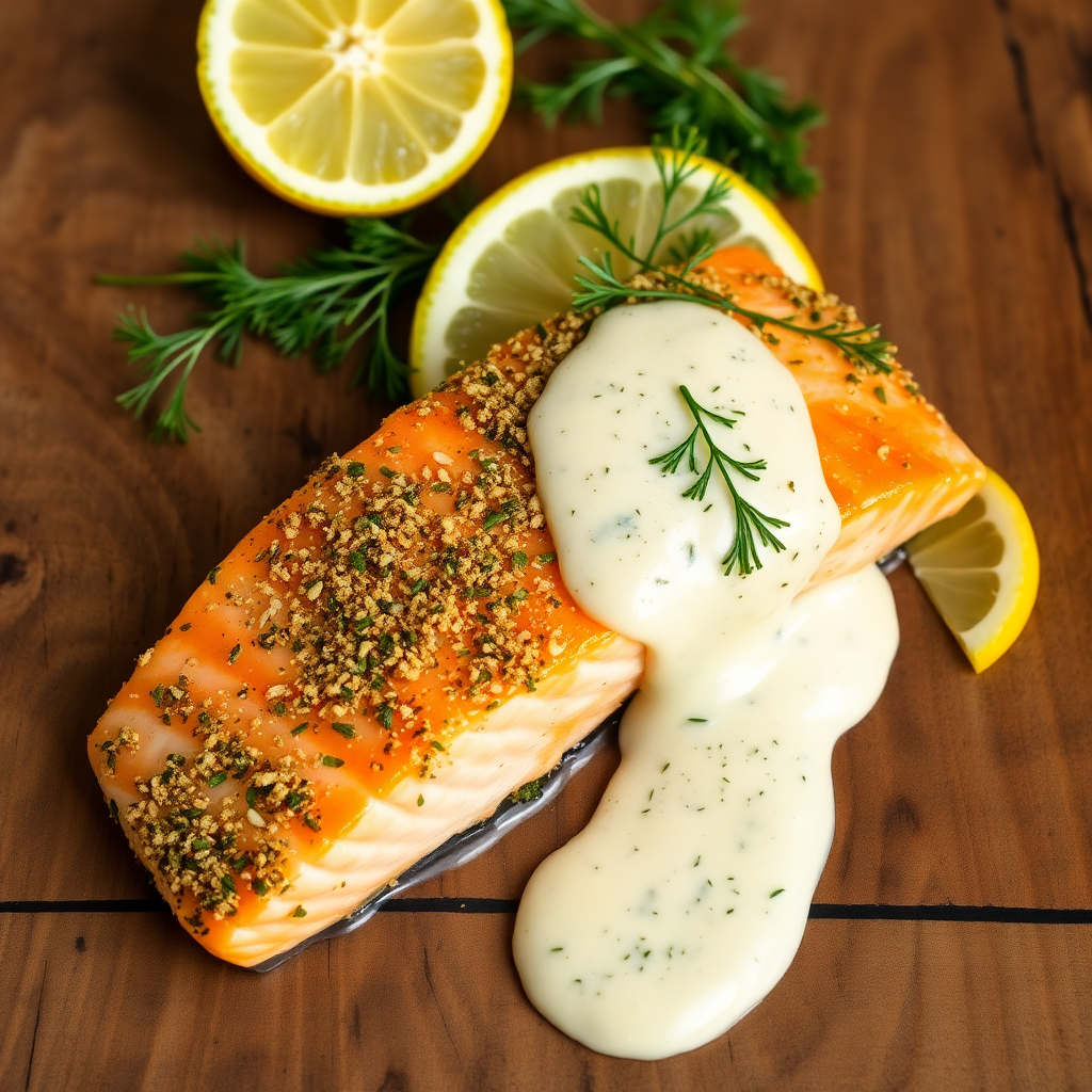 Herb-Crusted Wild Salmon with Lemon-Dill Sauce