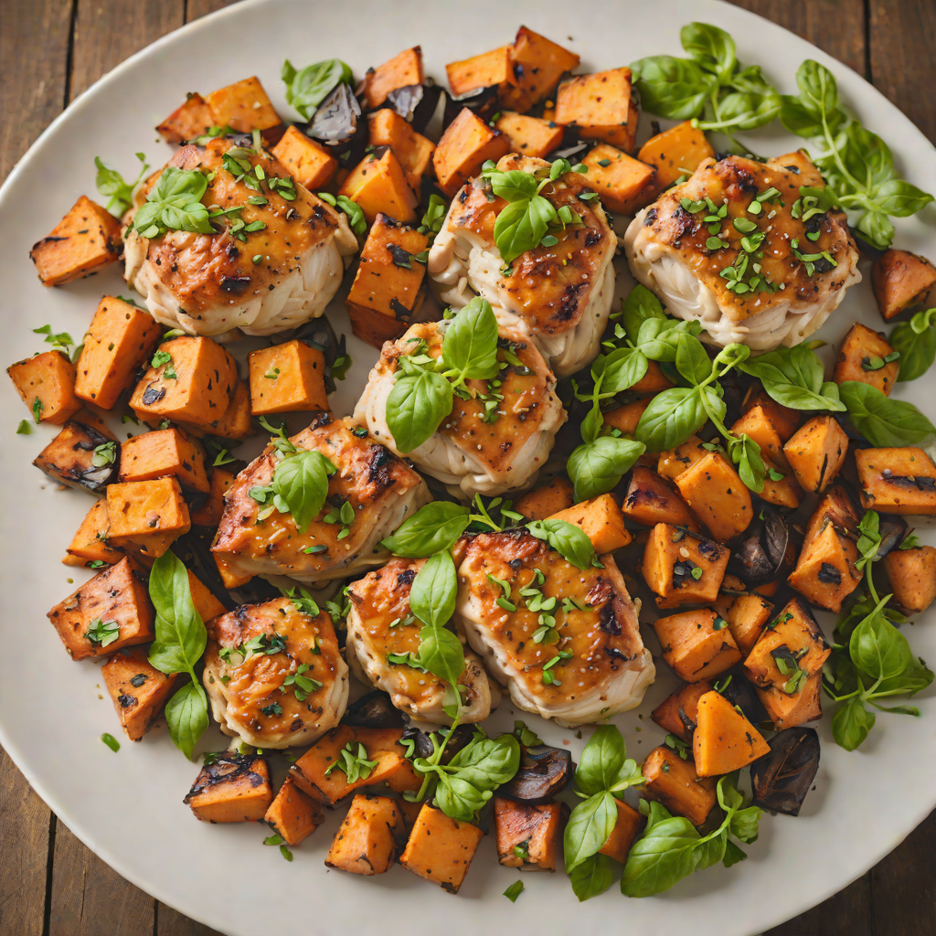 Sautéed Garlic Basil Chicken Thighs with Roasted Sweet Potatoes
