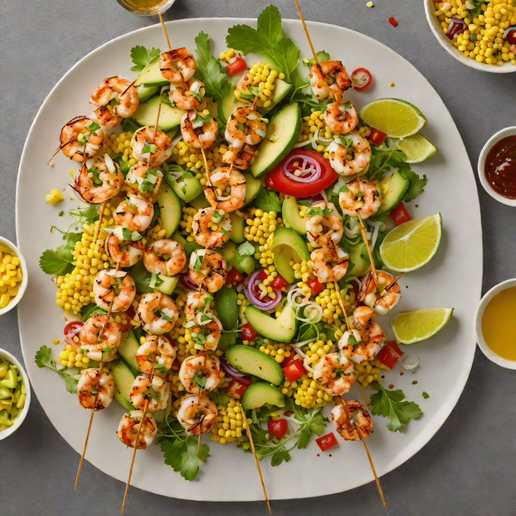 Citrus-Marinated Grilled Shrimp Skewers with Corn and Avocado Salad