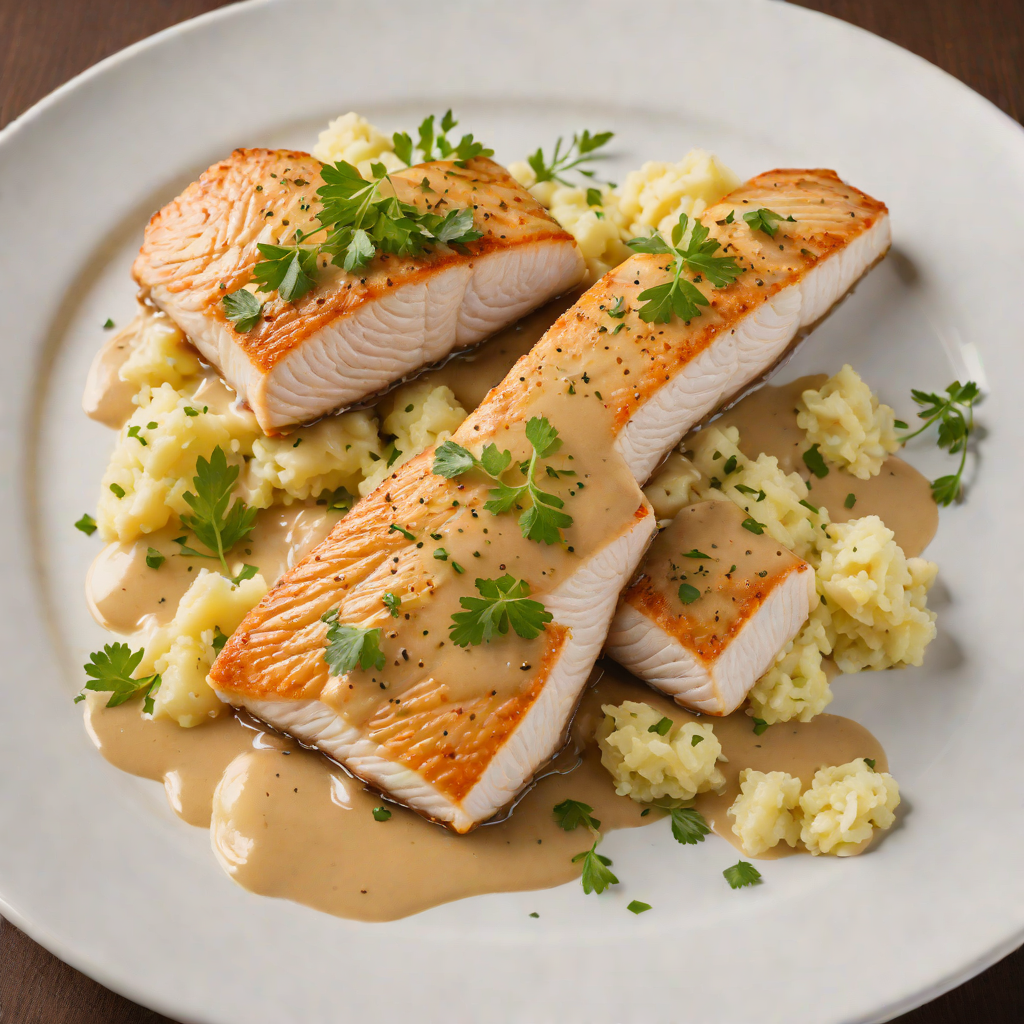 Pan-Seared Lake Superior Whitefish with Mashed Potato and Onion Gravy
