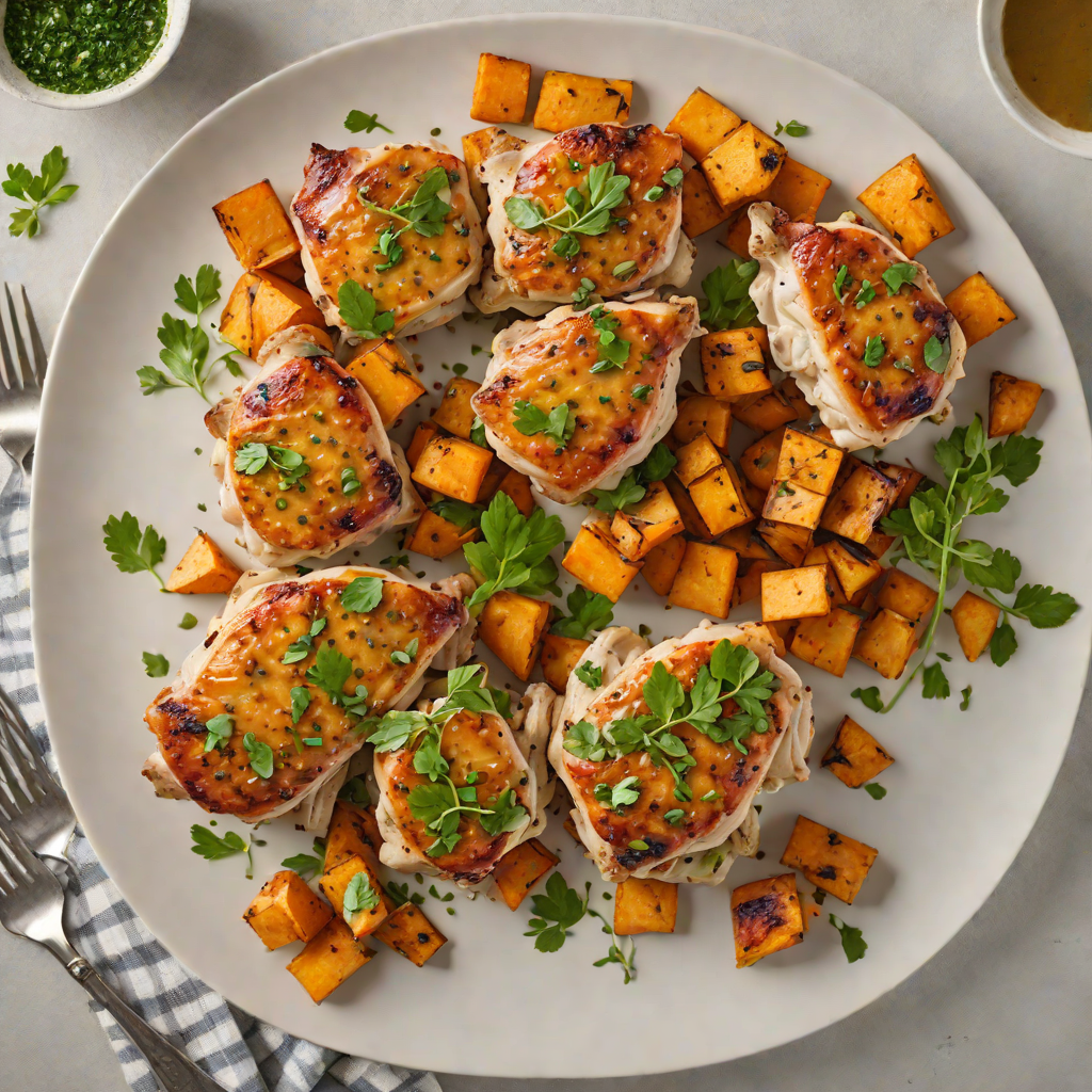 Pan-Seared Chicken Thighs with Roasted Sweet Potatoes and Garlic-Herb Sauce