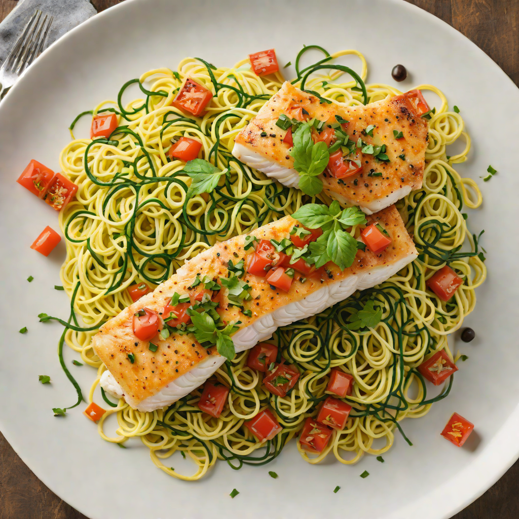 Baked Cod with Tomato-Caper Salsa and Zucchini Noodles