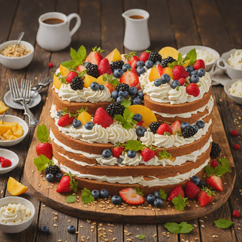 Moist Layered Mesversário Cake with Whipped Cream and Fresh Fruits