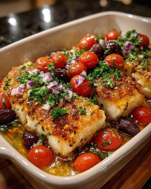 Baked Cod with Tomato-Olive Relish and Lemon Herb Quinoa