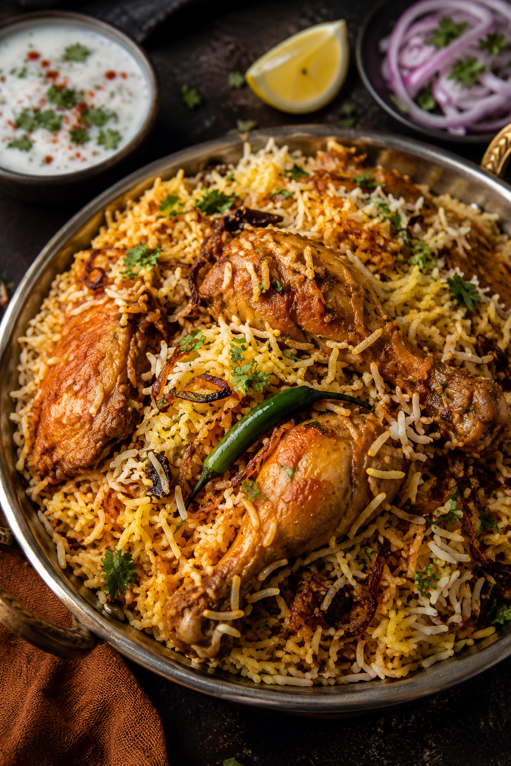 Saffron-Infused Chicken Biryani with Fried Onions and Fresh Herbs