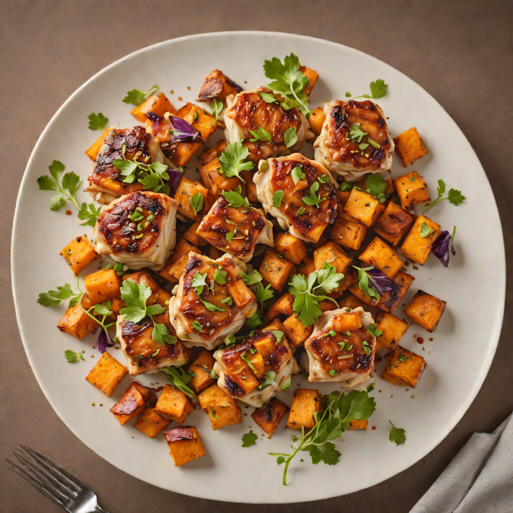 Sautéed Garlic Chicken Thighs with Roasted Sweet Potato Cubes
