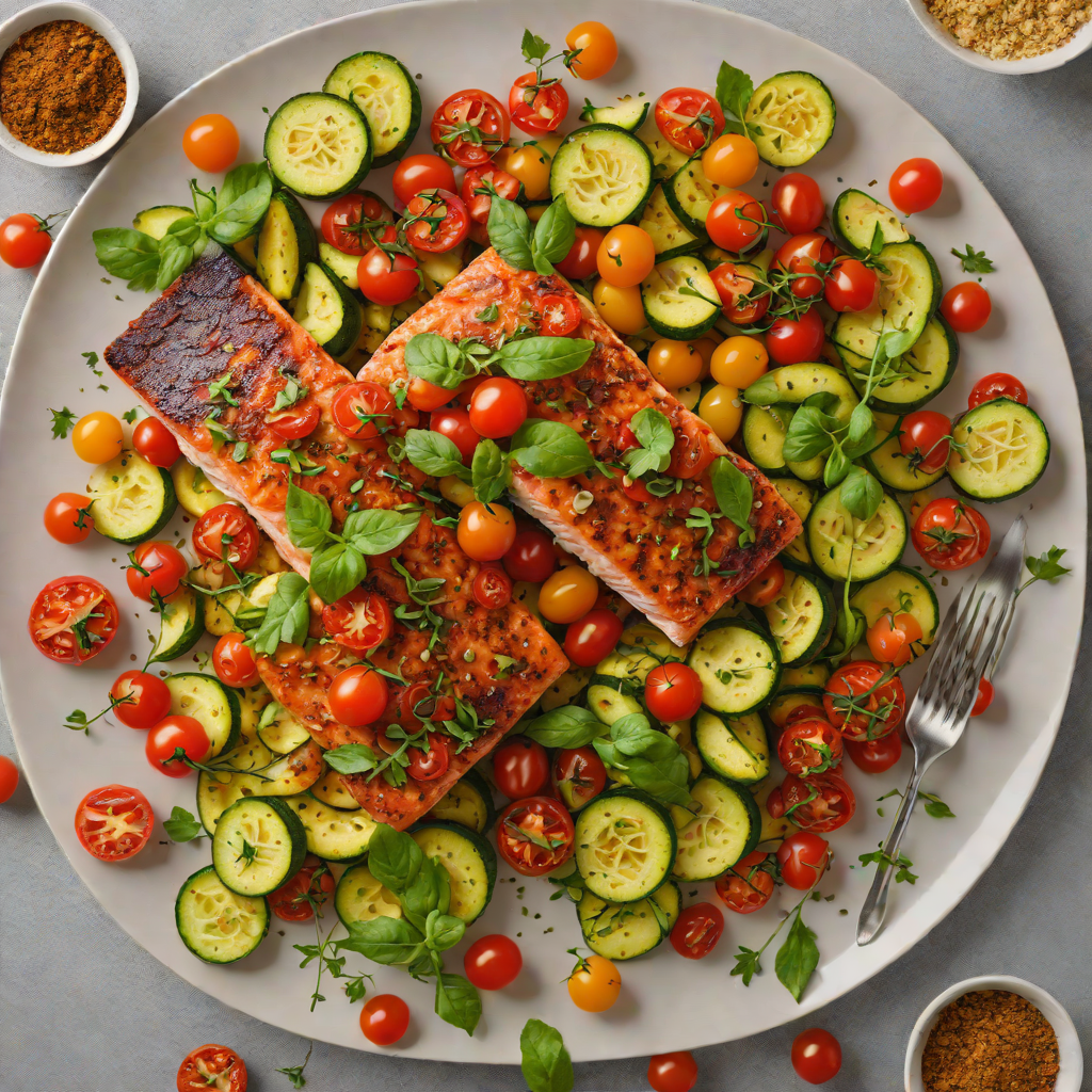 Sheet Pan Harissa-Spiced Salmon with Zucchini and Cherry Tomatoes