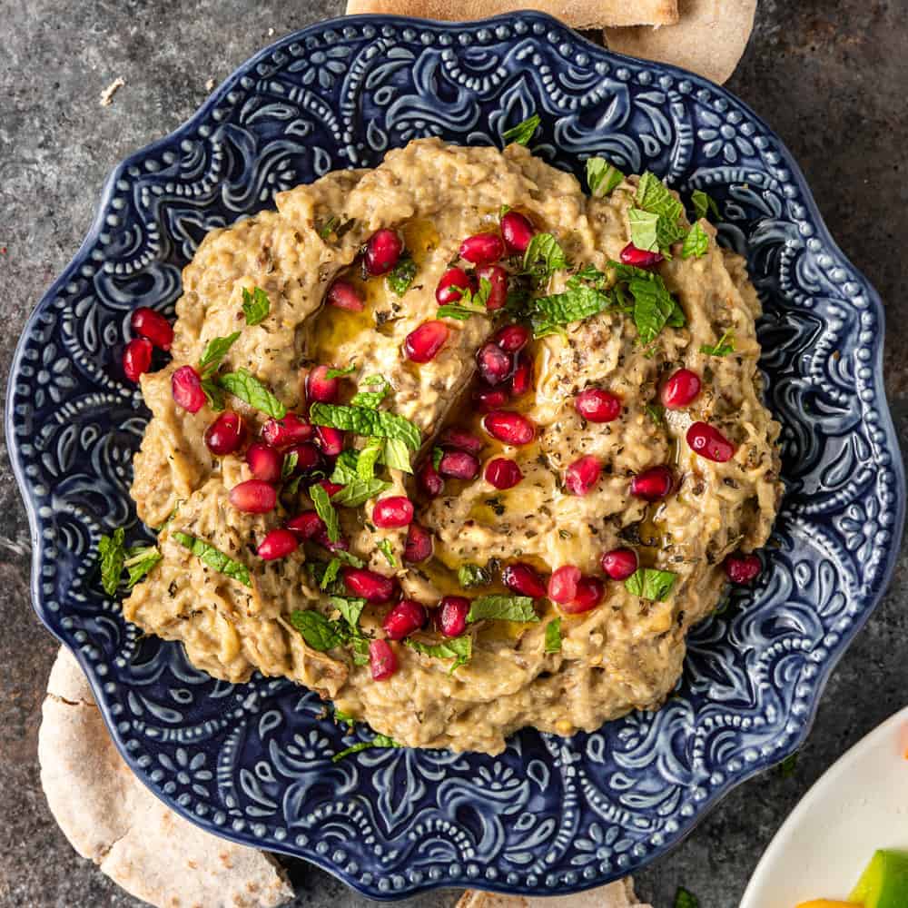 Roasted Eggplant Mutabal with Tahini and Pomegranate Seeds