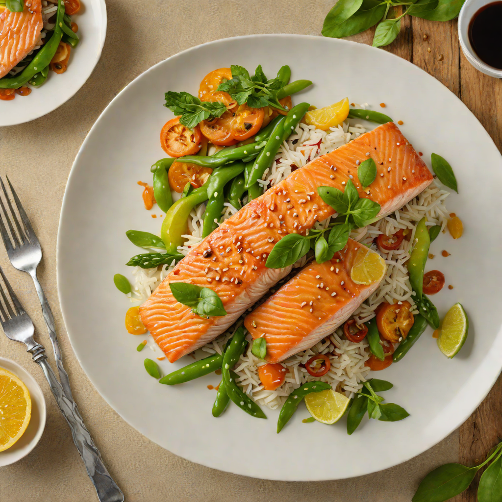 Pan-Seared Salmon with Citrus Soy Glaze and Snow Pea Stir Fry