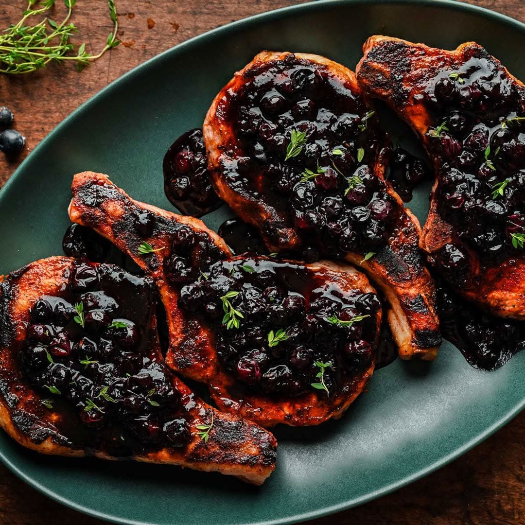 Pan-Seared Pork Chops with Snorlax-Inspired Blueberry Glaze