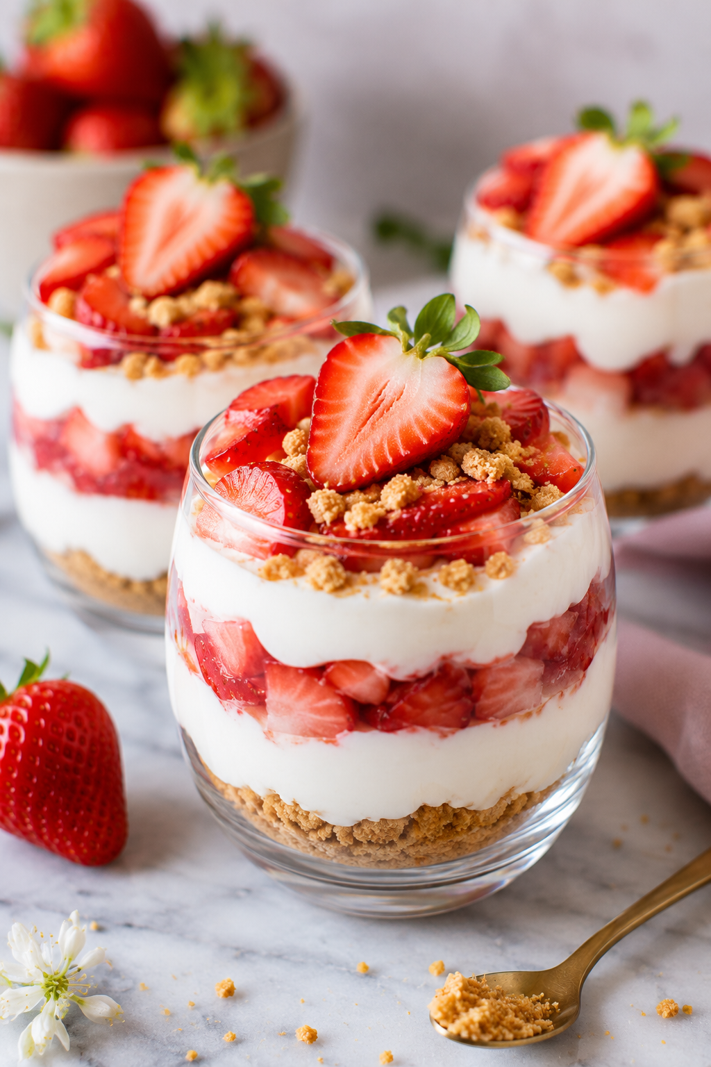 No-Bake Strawberry Cheesecake Parfaits with Honey Almond Crunch