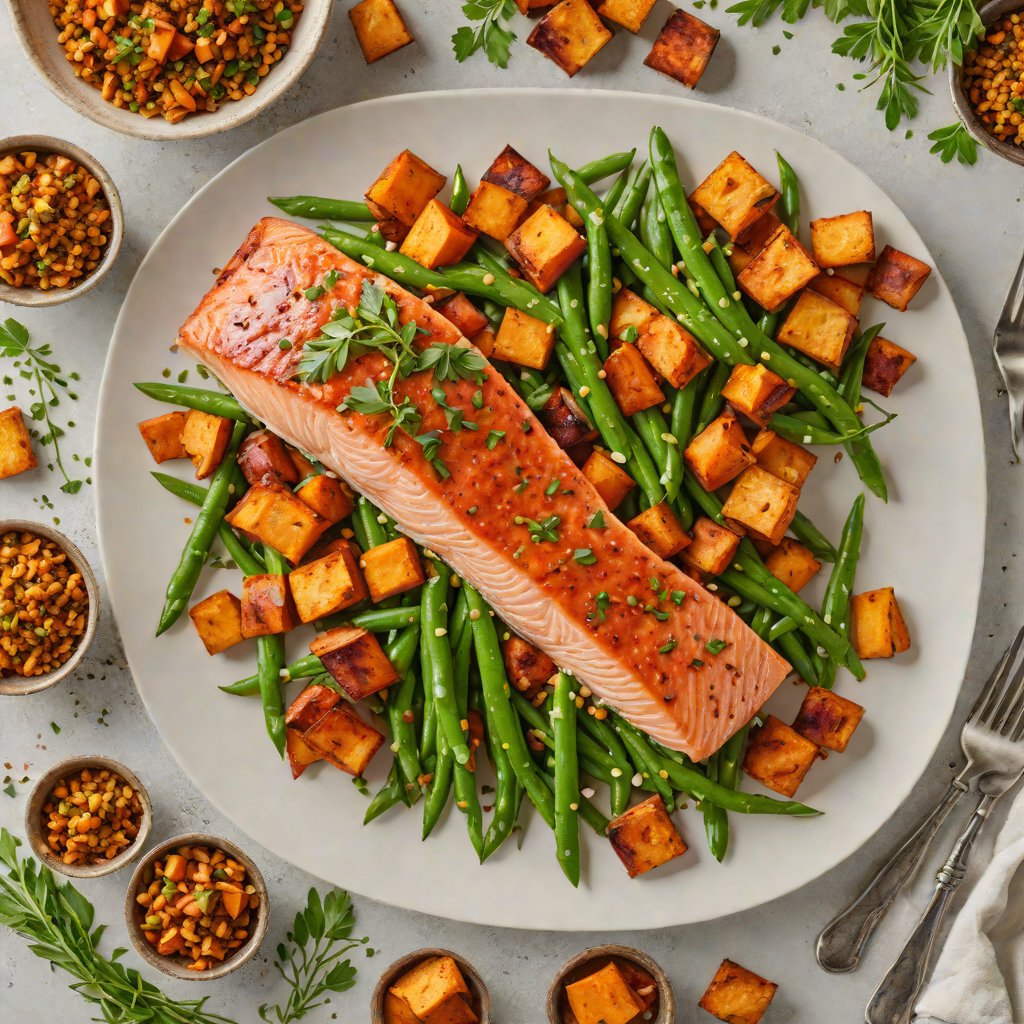Sheet Pan Harissa-Spiced Salmon with Roasted Sweet Potatoes and Green Beans