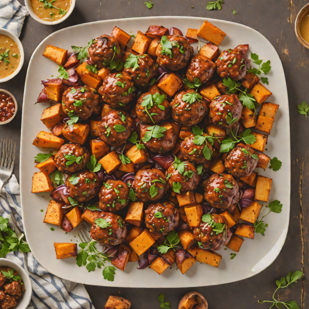 Sheet Pan BBQ Pork Meatballs with Roasted Sweet Potatoes