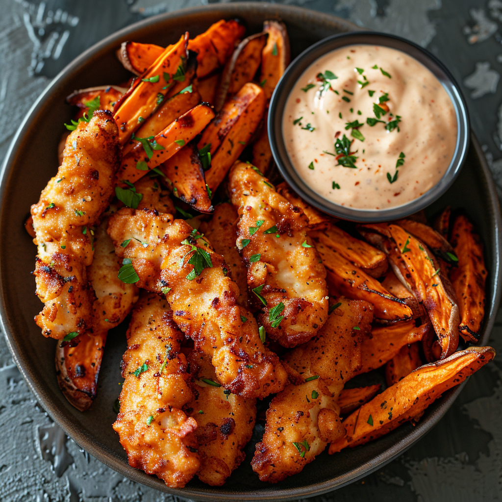 Buttery Herb Chicken Tenders with Sweet Potato Fries