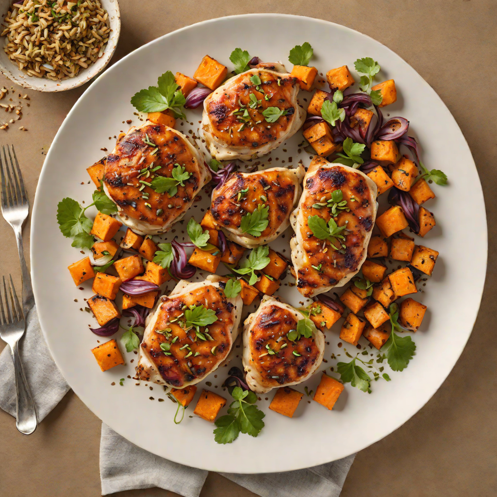 Pan-Seared Chicken Thighs with Roasted Garlic and Cumin-Spiced Sweet Potatoes