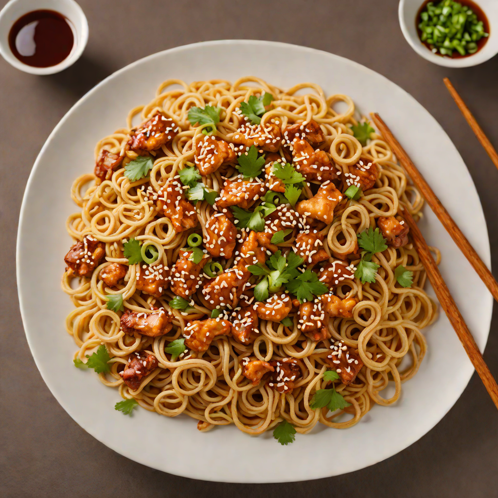 Stir-Fried Udon Noodles with Spicy Sesame Chicken