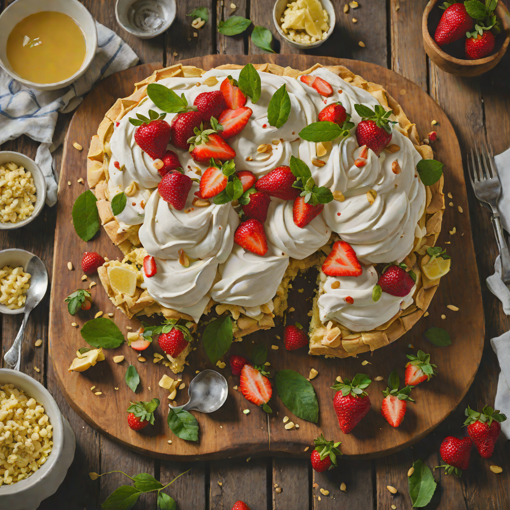 Macadamia and Macerated Strawberry Pavlova with Lemon Myrtle Whipped Cream