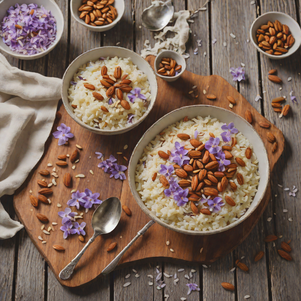 Lilac-Infused Coconut Rice Pudding with Toasted Almonds