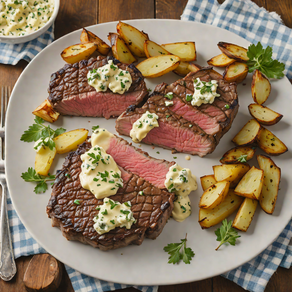 Pan-Seared Ribeye Steak with Blue Cheese Butter and Garlic Roasted Potatoes