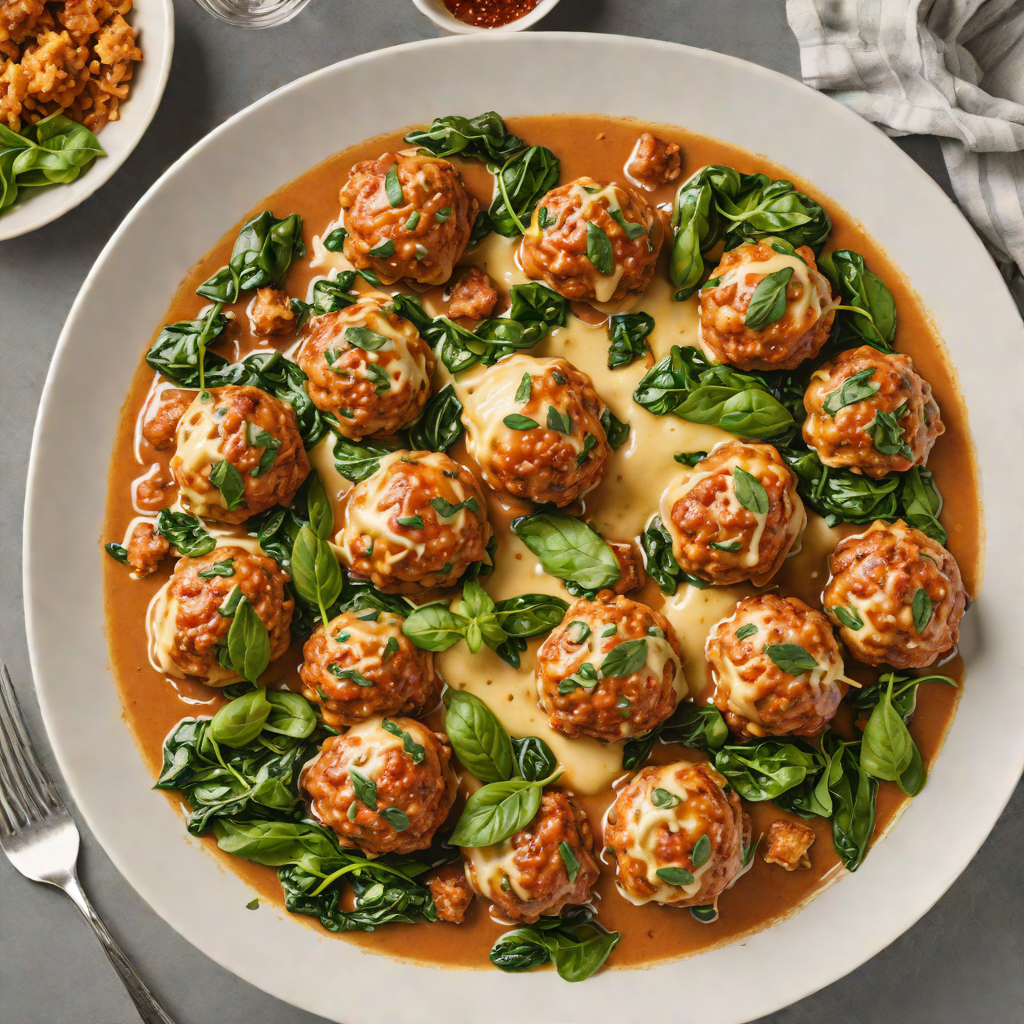 Cheese-Stuffed Meatball Skillet with Spinach