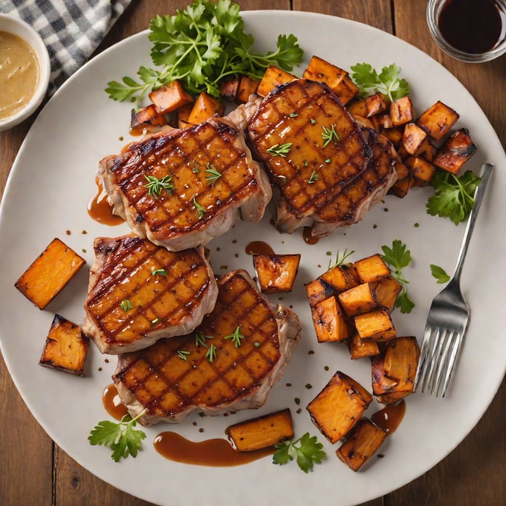 Oak Barrel Bourbon-Glazed Pork Chops with Maple Roasted Sweet Potatoes