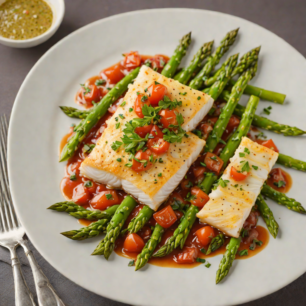 Baked Cod with Tomato-Caper Sauce and Blanched Asparagus