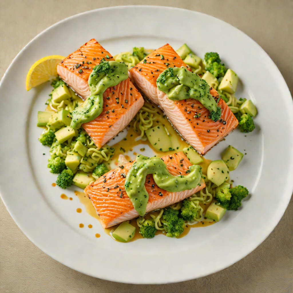 Pan-Seared Salmon with Avocado-Pesto Drizzle