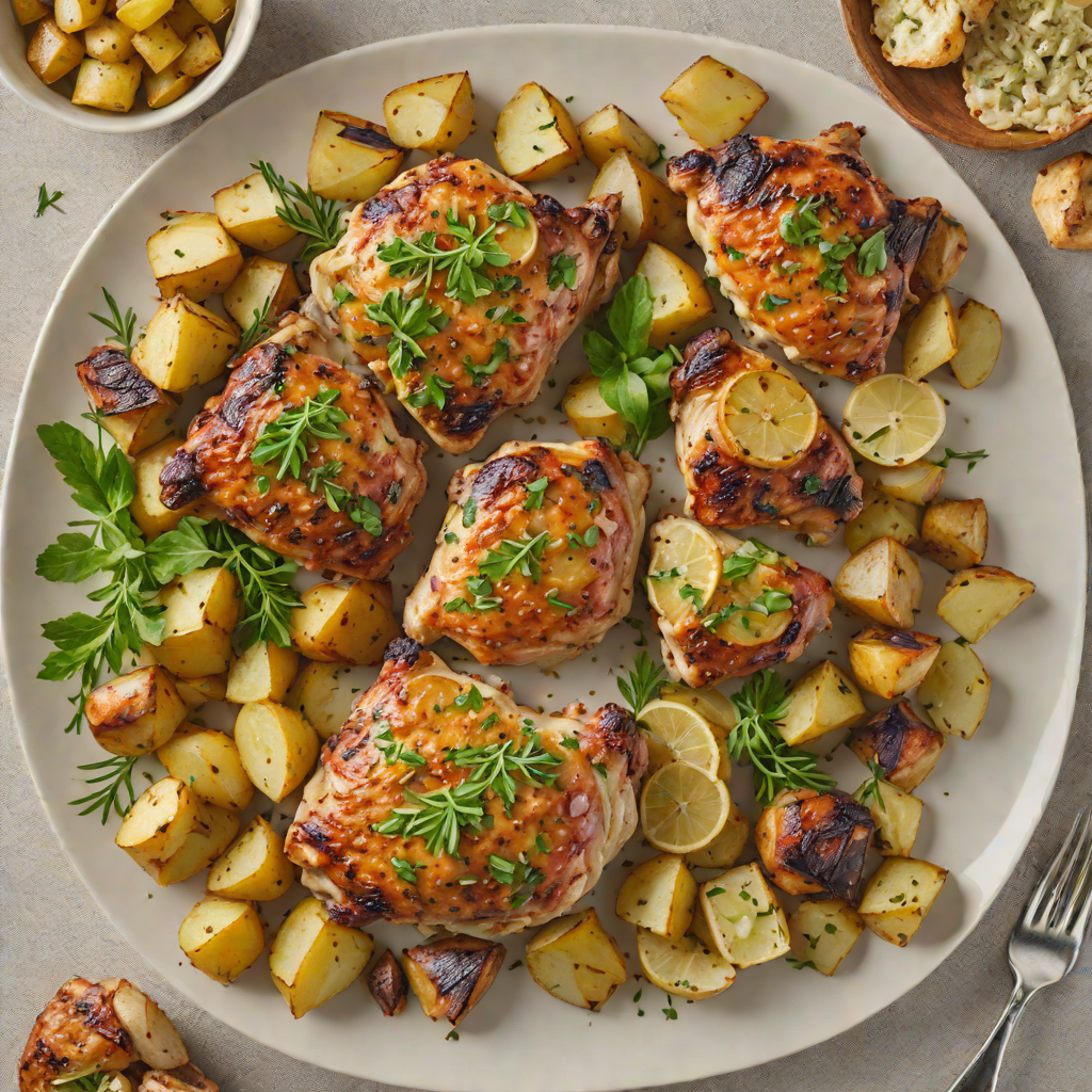 Baked Herb-Dijon Chicken Thighs with Roasted Garlic Potatoes
