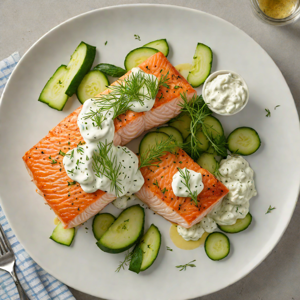 Pan-Roasted Salmon with Dill Yogurt Sauce and Cucumber Salad