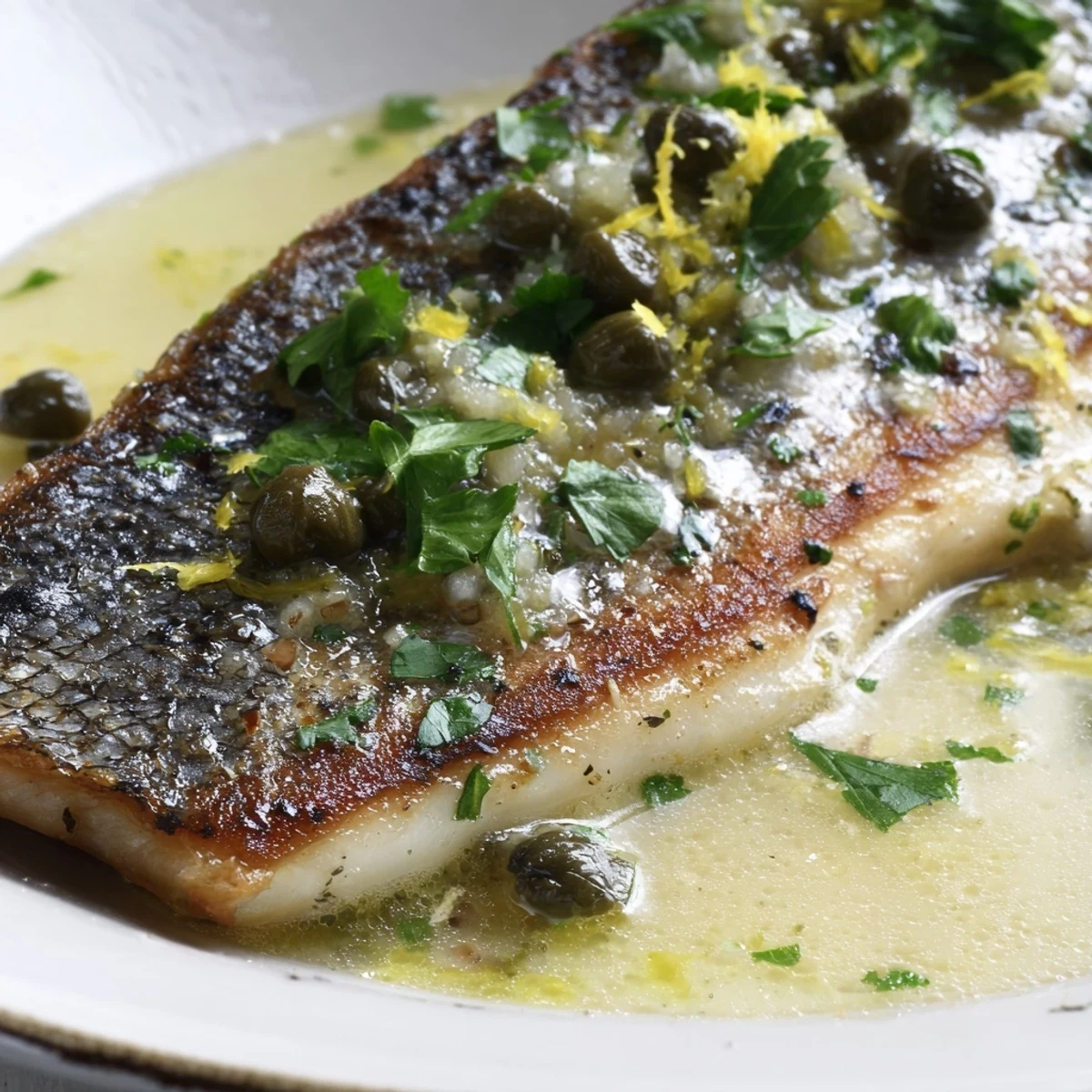 Pan-Seared Sea Bass with Lemon Caper Sauce and Wilted Spinach