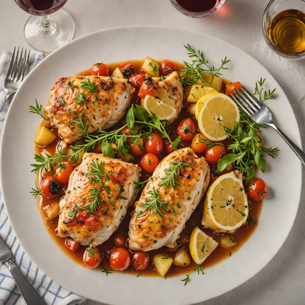 Oven-Baked Greek Lemon Chicken with Thyme and Tomato-Wine Sauce
