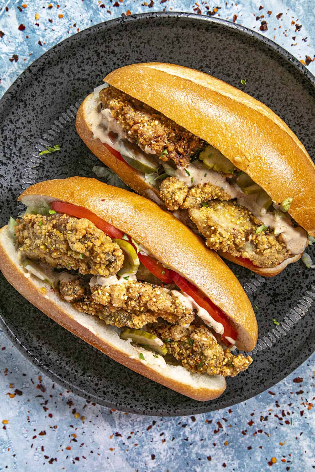 Oyster Po' Boy Sandwich with Remoulade and Pickled Veggies