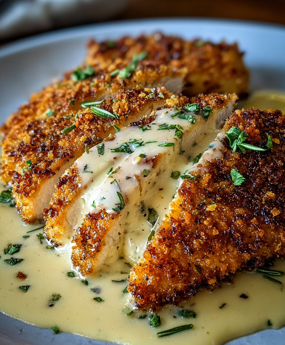 Crispy Almond-Crusted Chicken with Garlic-Herb Cream Sauce