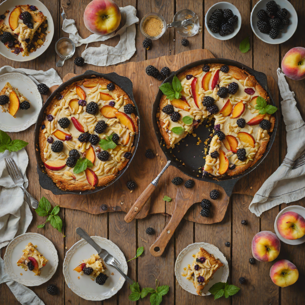 Blackberry Peach Skillet Cornmeal Cake with Brown Butter Icing