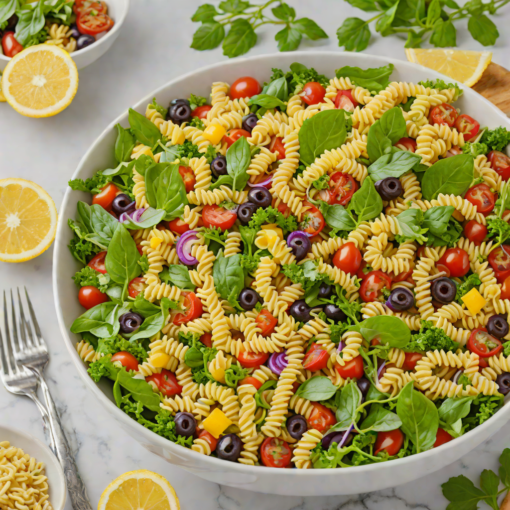 Vegetarian Rainbow Pasta Salad with Lemon Vinaigrette
