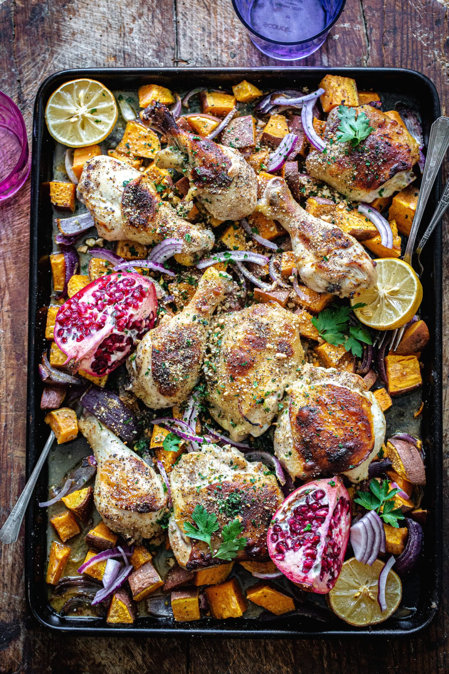 Sheet Pan Egyptian Chicken with Sweet Potatoes and Pomegranate