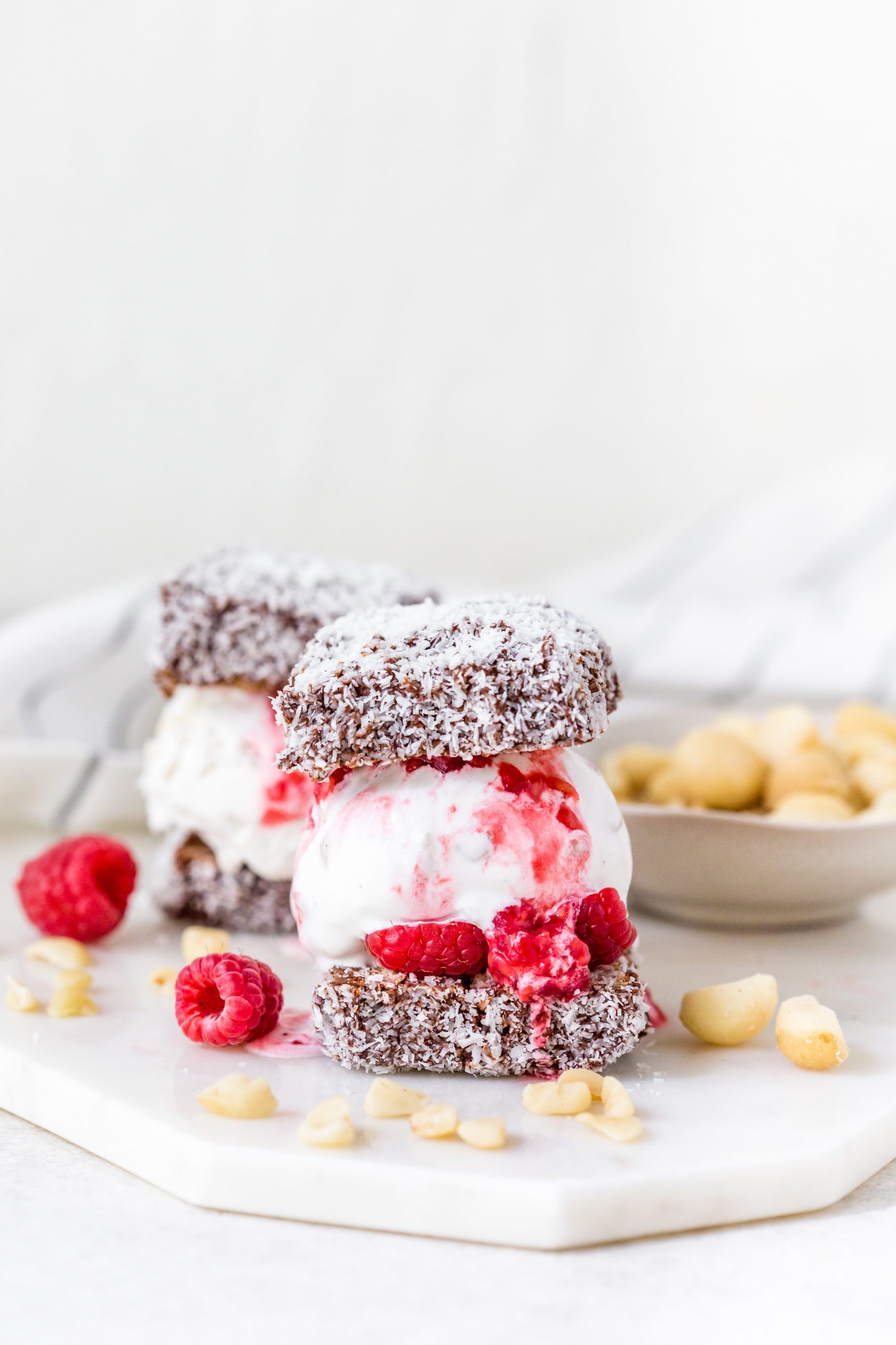 Honey Macadamia Lamingtons with Coconut Coating