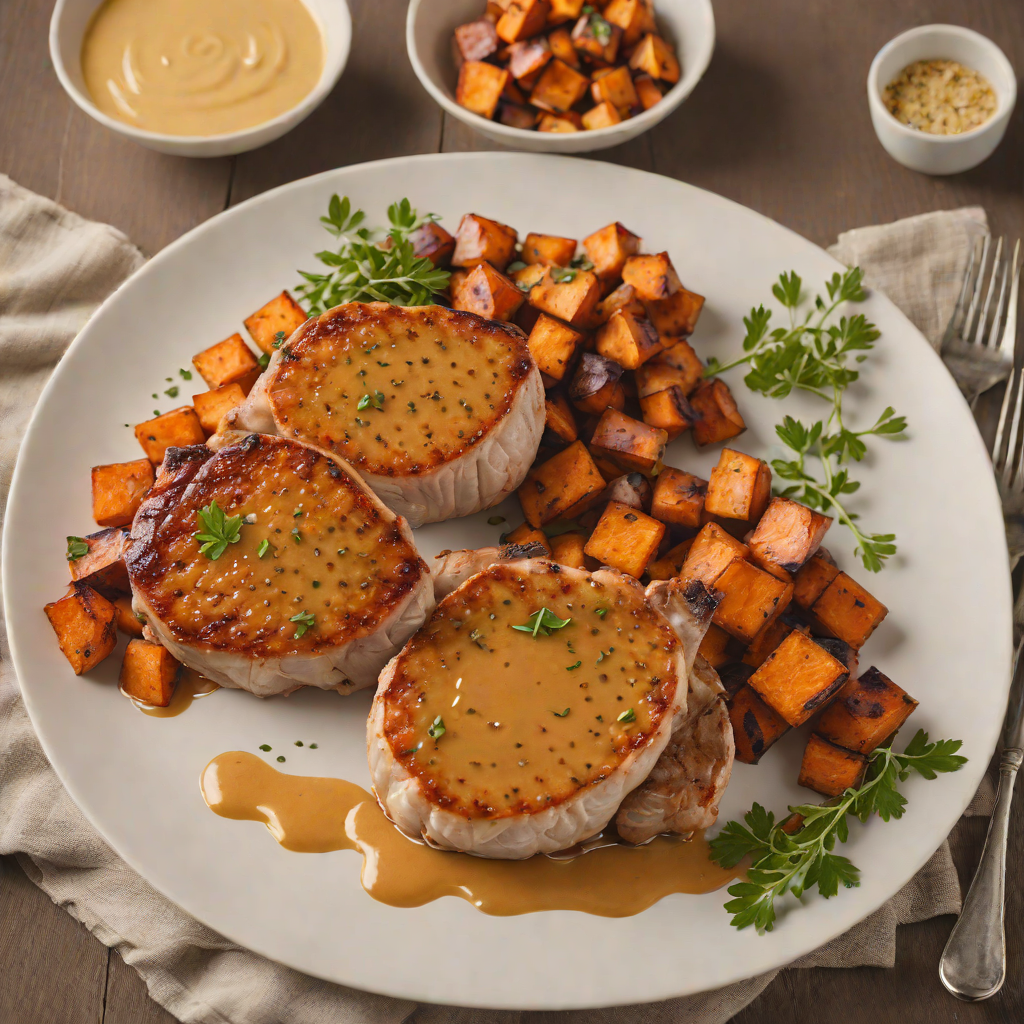 Pan-Seared Pork Chops with Honey Mustard Glaze and Roasted Sweet Potatoes