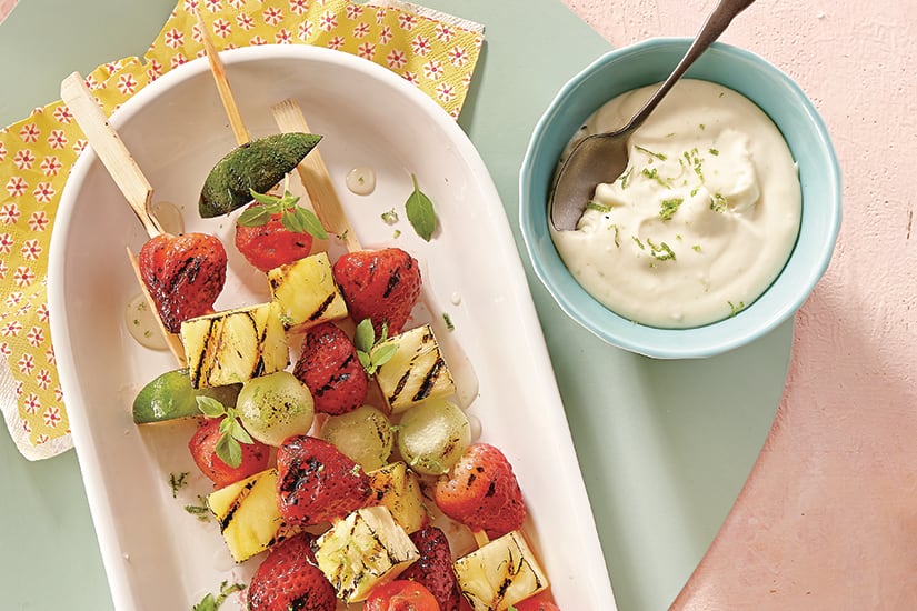 Amusingly Sliced Fruit Skewers with Honey-Lime Drizzle