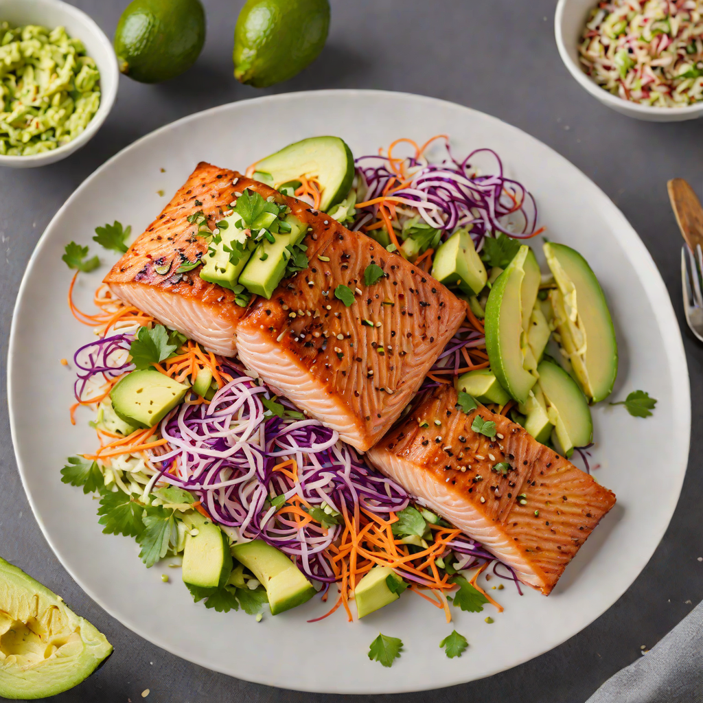 Ginger-Sesame Salmon with Asian Slaw and Avocado