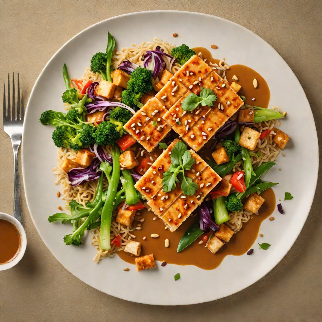 Spiced Pan-Seared Tofu with Peanut Sauce and Stir-Fried Vegetables