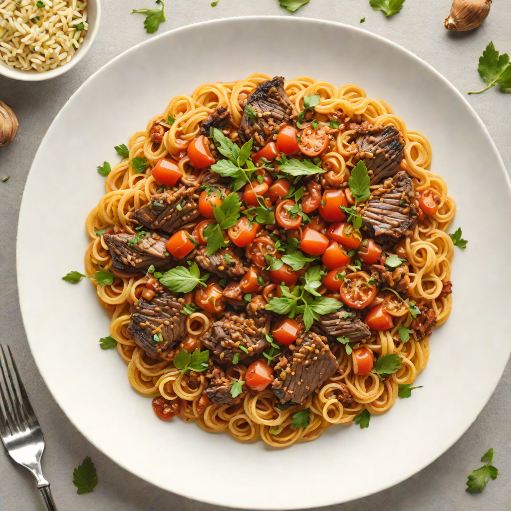 Slow-Braised Emu Ragu with Roasted Garlic and Tomato
