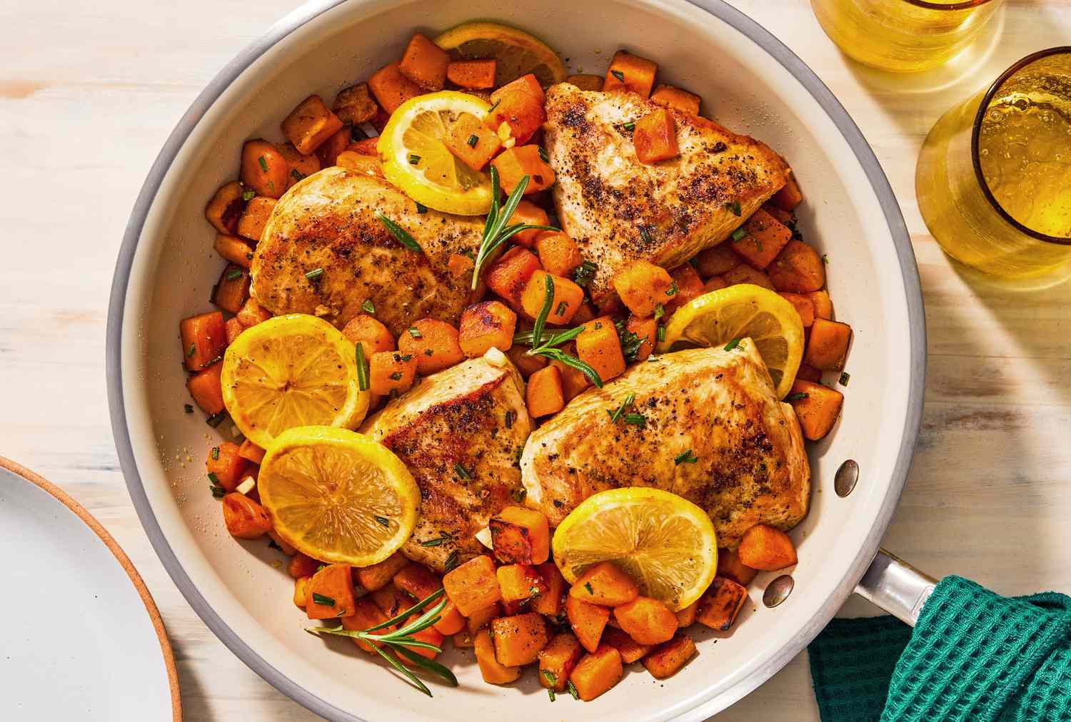 Sautéed Garlic-Rosemary Chicken Thighs with Roasted Sweet Potatoes