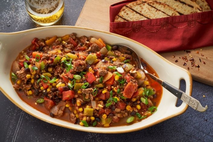 Slow-Cooked Beef Chili with Roasted Corn and Black Beans