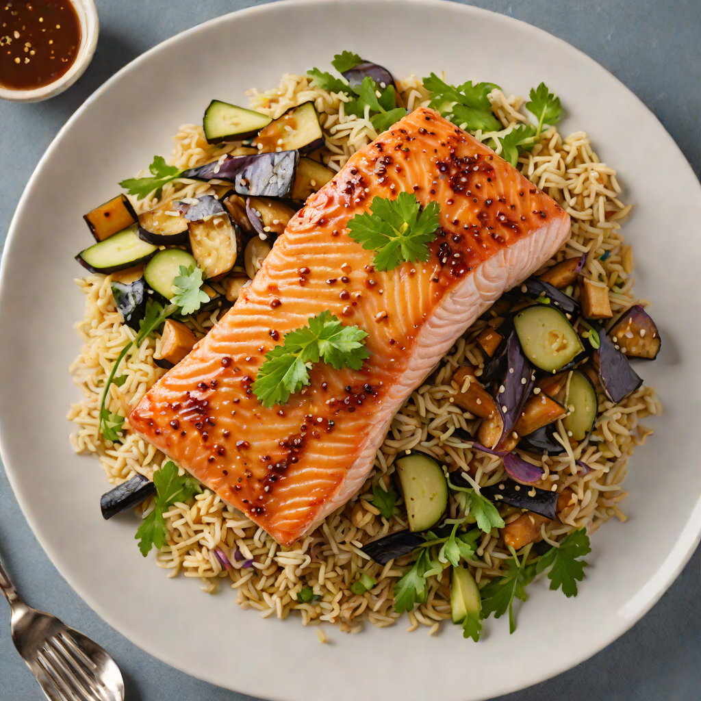 Crisp Pan-Seared Salmon with Miso-Glazed Eggplant Donburi
