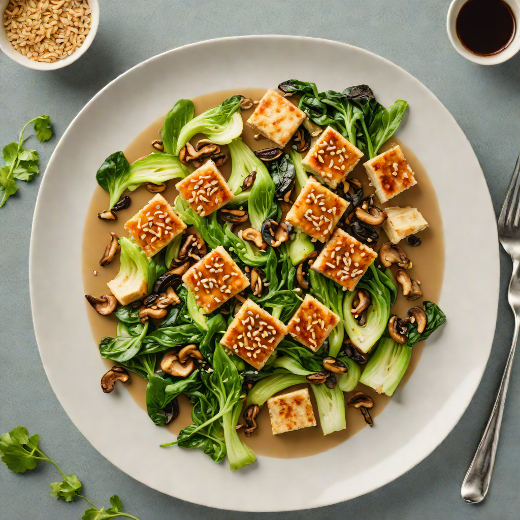 Sautéed Garlic-Ginger Tofu with Baby Bok Choy and Shiitake